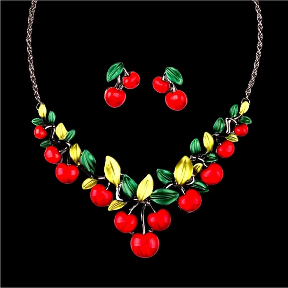 NWT. Betsy Johnson. Red Green Enameled Cherries jewelry Set(Necklace/Earrings) - Picture 2 of 8
